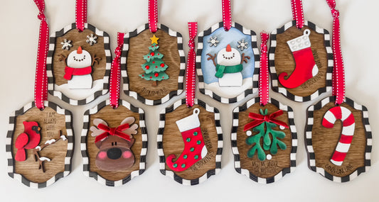 Whimsical Hand Painted Ornaments with black and white frame