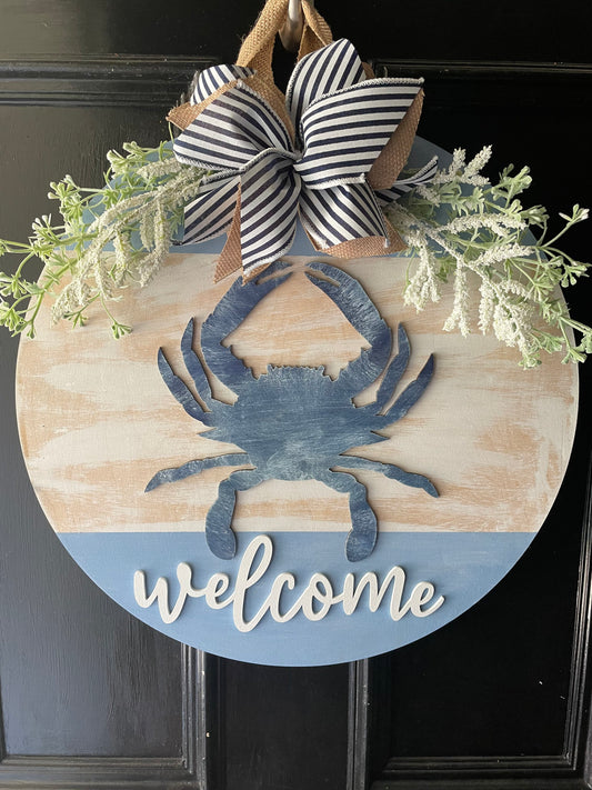 Welcome Sign with Maryland Crab, Crab Door Hanger, Blue Crab Sign, New Home Gift, Coastal Gift, Crab Decor