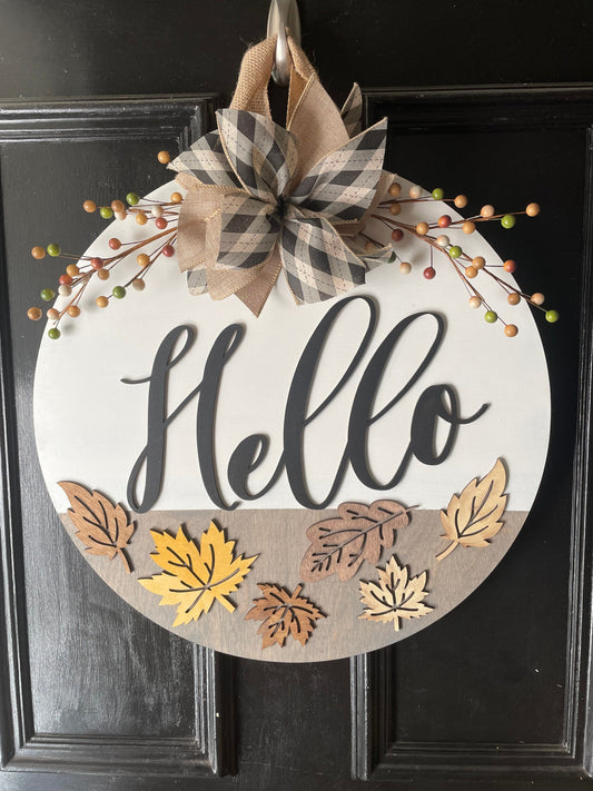 Fall Door Hanger, Hello Fall Sign, Fall Sign with Leaves, Fall wreath, Falling Leaves sign