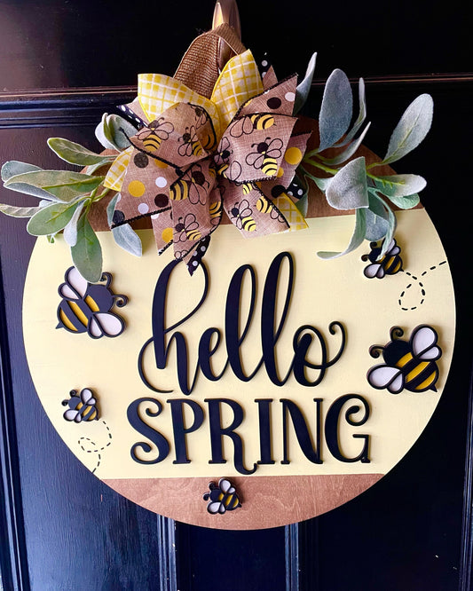Spring Door Hanger, Hello Spring with Bees, Bee Lover Gift