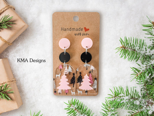 Pink Christmas Tree Earrings
