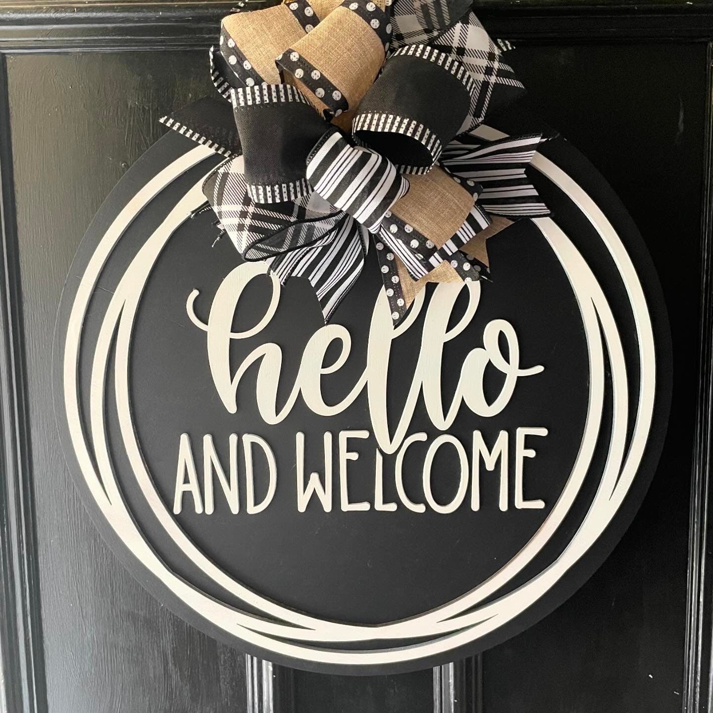 Front Door Decor, Hello and Welcome Door Hanger, Front Door Sign, Housewarming Gift, New Home Gift, Black and White Sign