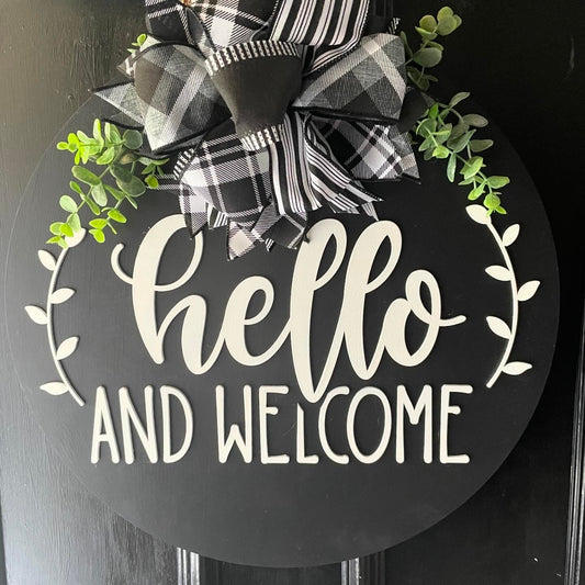 Front Door Decor, Hello and Welcome Door Hanger, Front Door Sign, Housewarming Gift, New Home Gift, Black and White Sign