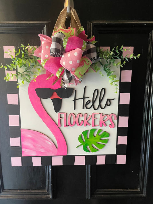 Front Door Decor,Flamingo Door Hanger, Hello Flockers