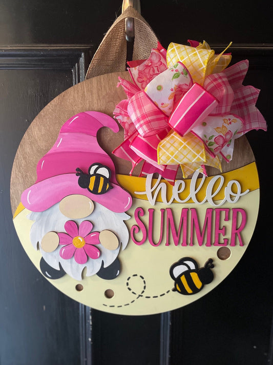 Front Door Decor | Hello Summer with Gnome, Summer Door Hanger, Gnome Sign, Gnome with Bee