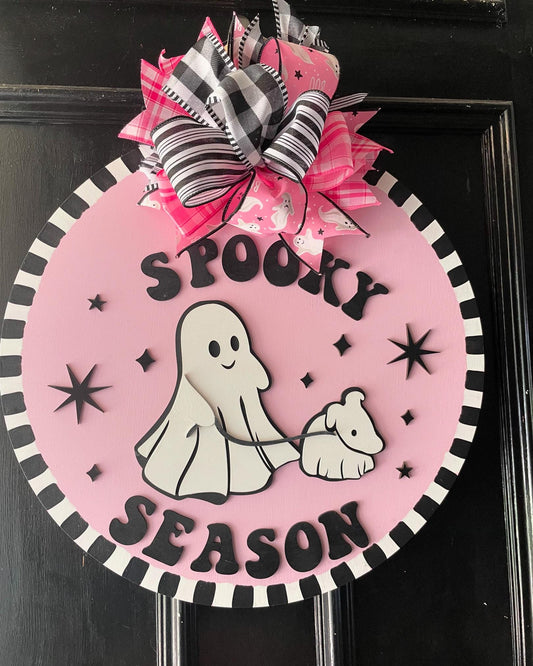 Halloween Wreath, Halloween Door Sign, Pink Halloween Decor, Ghost walking Dog, Ghost Dog, Pink Ghost Decor, Pink Door Sign, Halloween Ghost